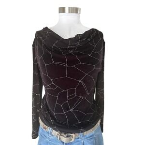 Vintage Western Connection Cowl Neck Top Black Holographic Glitter Spiderweb
